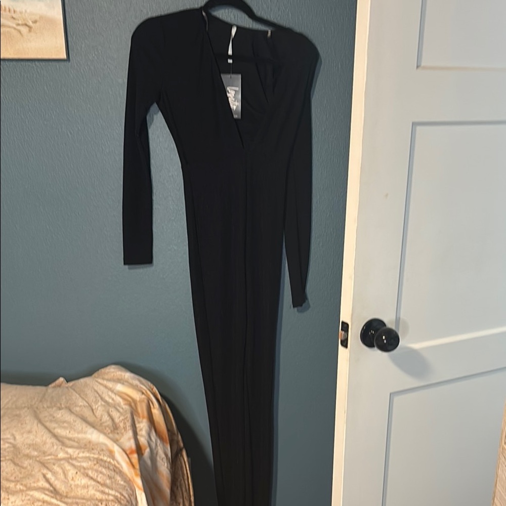 Black Long Sleeve Plunge Bodycon Jumpsuit#6